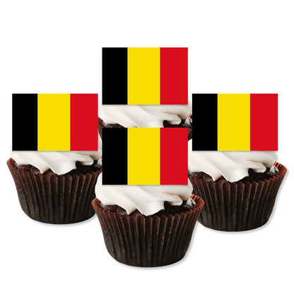 Belgium Flag Edible Cupcake Toppers on chocolate cupcakes with white frosting