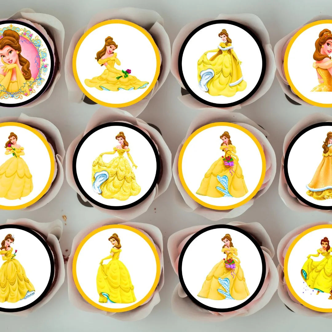 Princess Belle Edible Cupcake Toppers on chocolate cupcakes with white frosting 