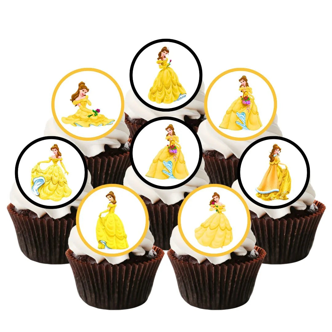 Princess Belle Edible Cupcake Toppers on chocolate cupcakes with white frosting 