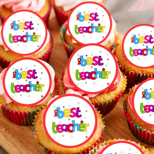 Best Teacher Edible Cupcake Toppers on white cupcakes with white frosting