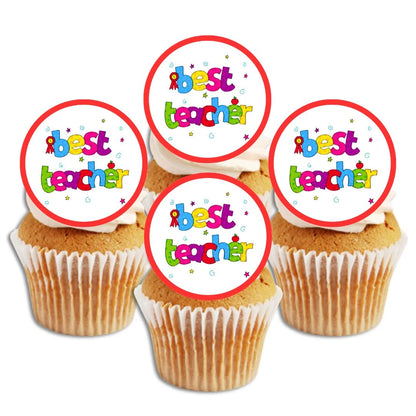 Best Teacher Edible Cupcake Toppers on white cupcakes with white frosting