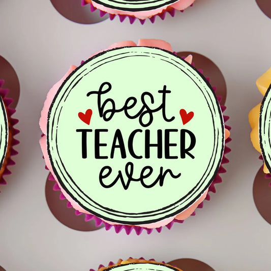 close up on Best Teacher Ever Edible Cupcake Topper on a pink frosted cupcake