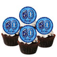 60th Birthday Blue Edible Cupcake Toppers with foil balloon style design on top of frosted cupcakes