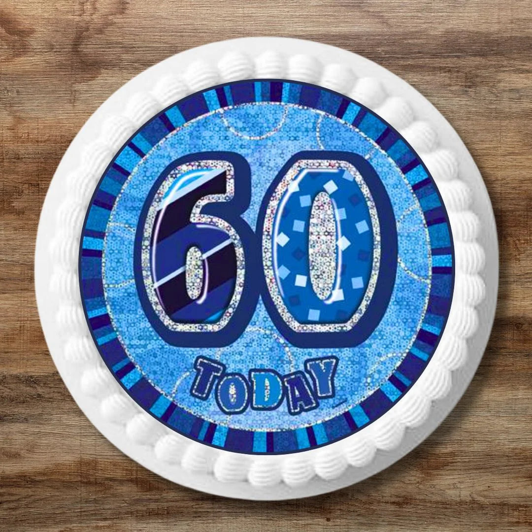 60th Birthday Blue 7 inch Edible cake topper with foil balloon style design on top of a white iced cake