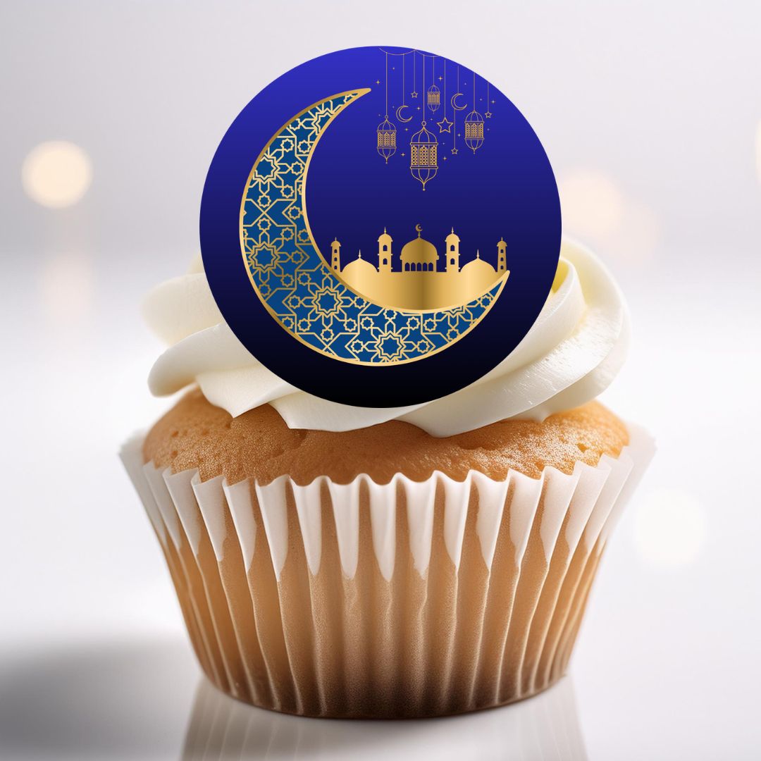 Cupcake with a decorative topper featuring a crescent moon and mosque design on a white background.