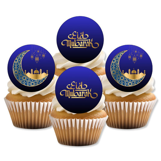 Cupcakes with 'Eid Mubarak' toppers on a white background