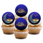 Cupcakes with 'Eid Mubarak' toppers on a white background