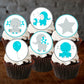 edible cupcake toppers with cute blue elephant design on top of chocolate cupcakes with white frosting