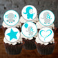 six chocolate frosted cupcakes with edible cake toppers featuring cute blue elephants