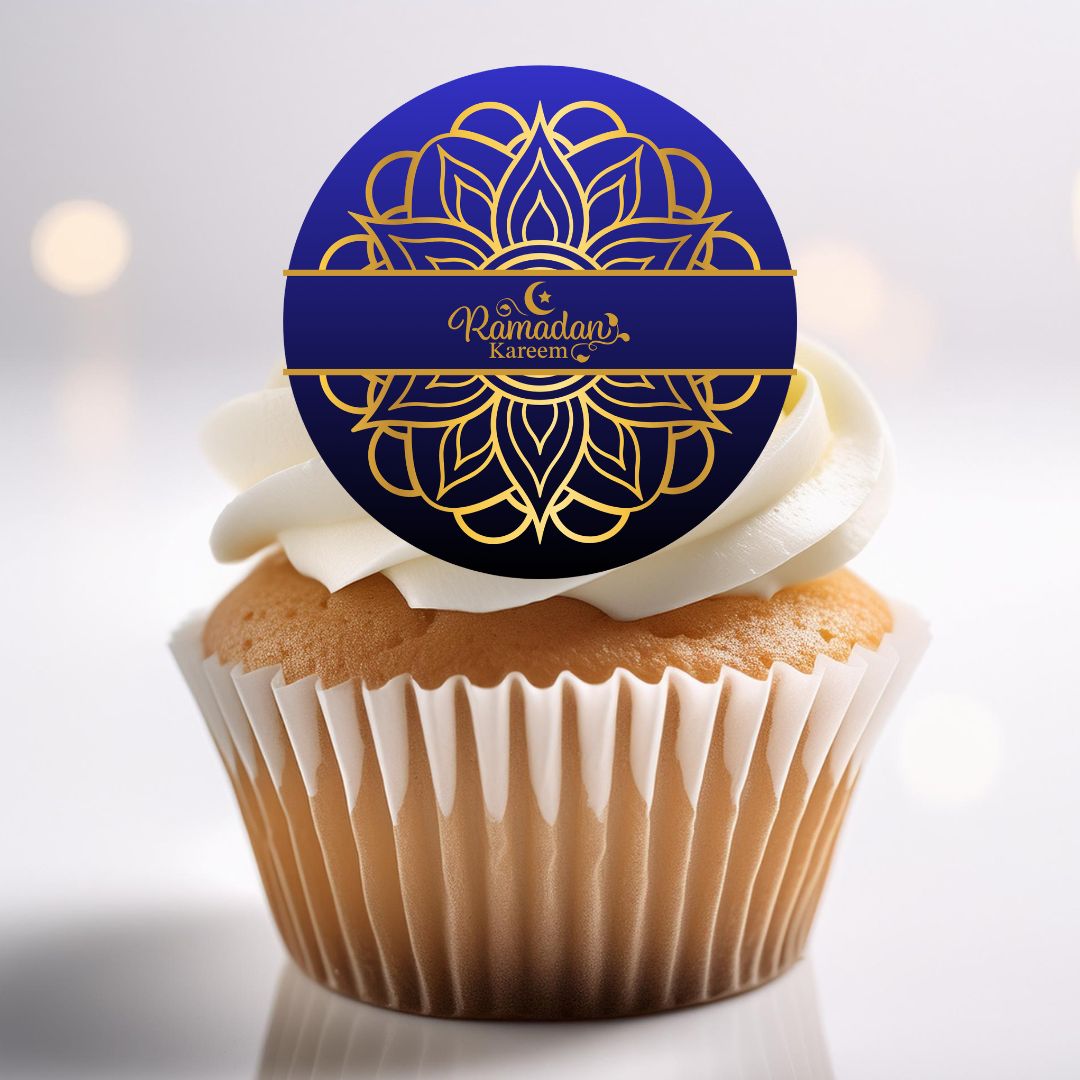 Cupcake with a 'Ramadan Kareem' decorative topper on a white background