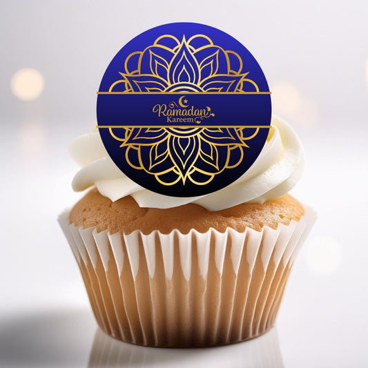 Cupcake with a 'Ramadan Kareem' decorative topper on a white background