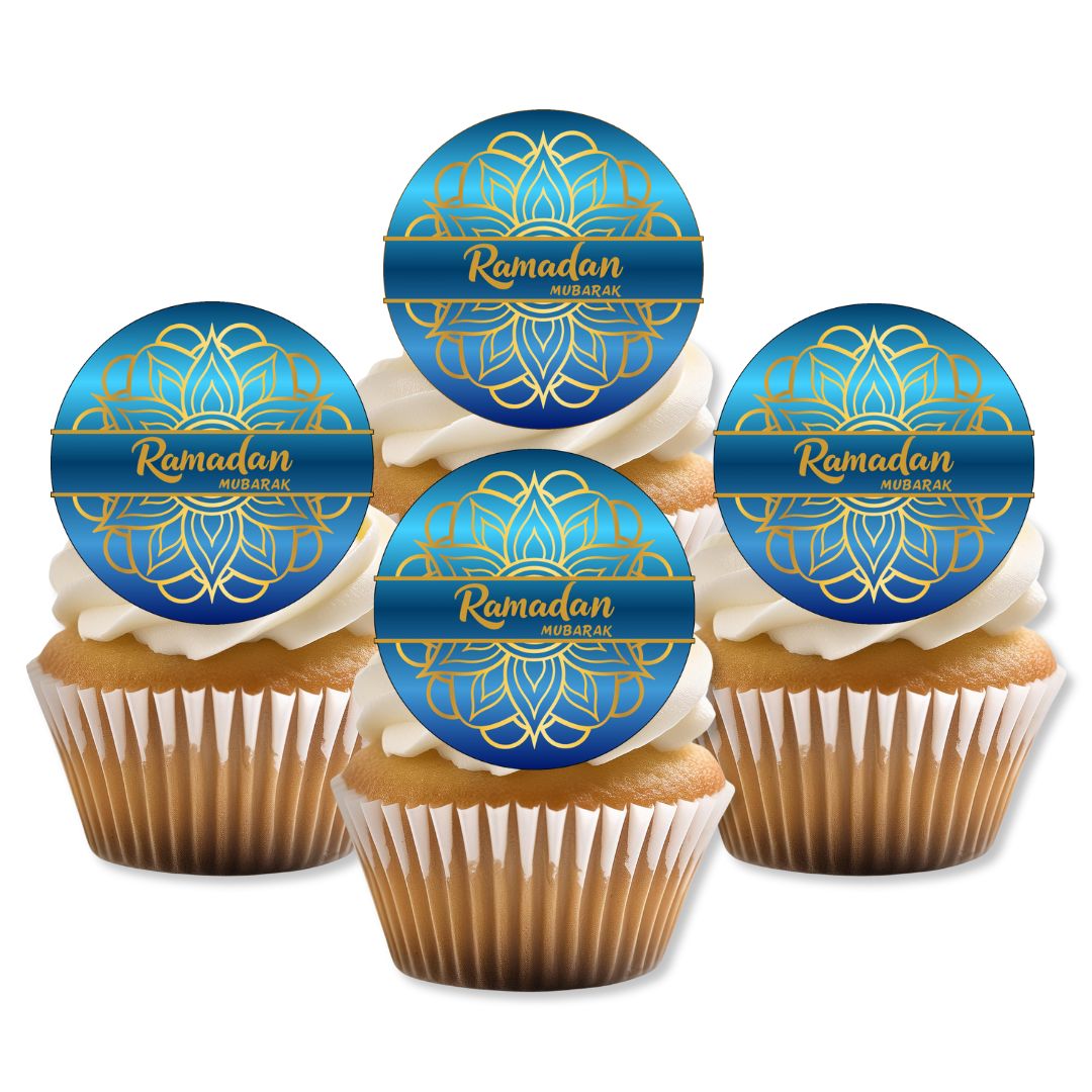 Cupcakes with blue and gold 'Ramadan' toppers on a white background