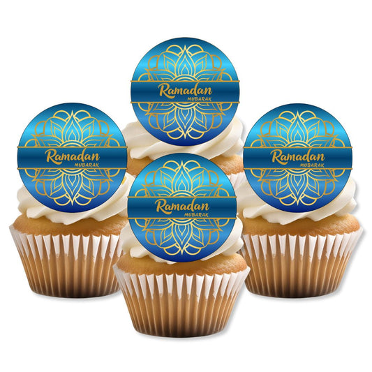 Cupcakes with blue and gold 'Ramadan' toppers on a white background