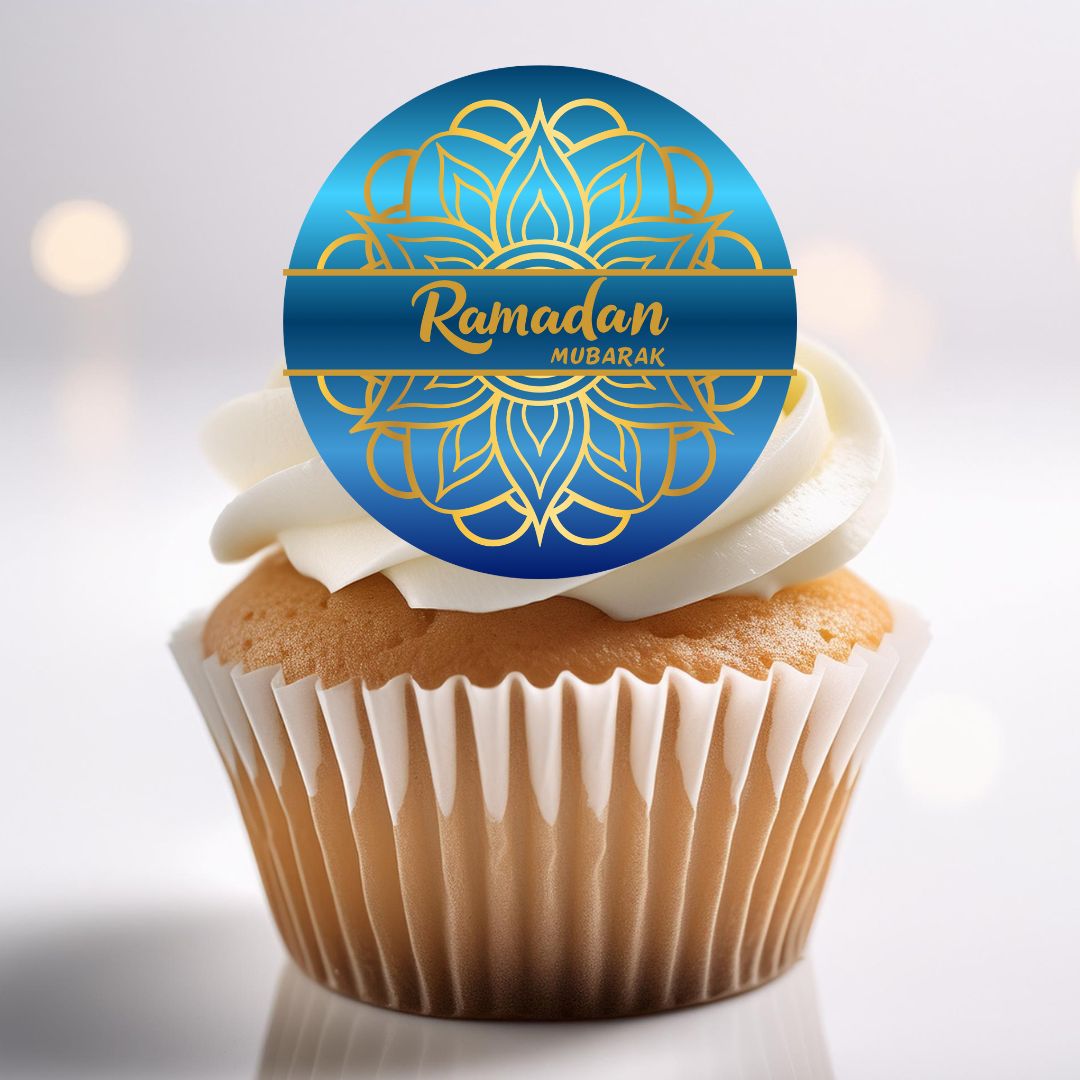 Cupcake with a 'Ramadan Mubarak' decoration on a white background