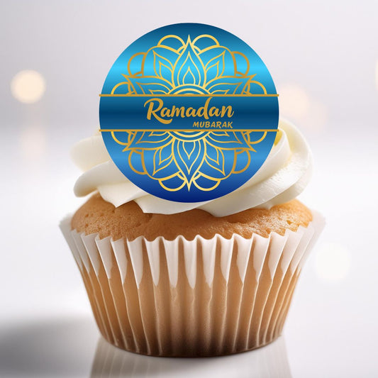 Cupcake with a 'Ramadan Mubarak' decoration on a white background