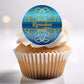 Cupcake with a 'Ramadan Mubarak' decoration on a white background