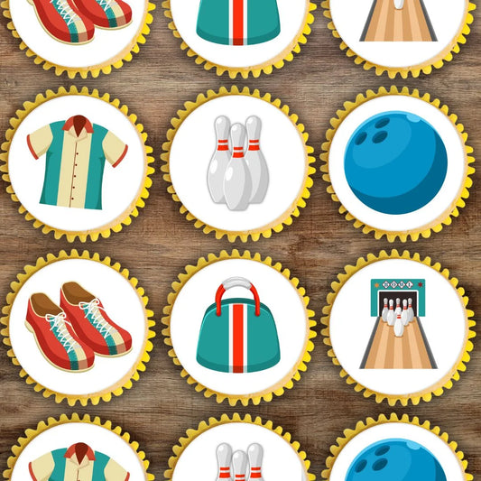 Bowling Theme Edible Cupcake Toppers on cupcakes with white frosting