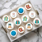 Bowling Theme Edible Cupcake Toppers on cupcakes with white frosting