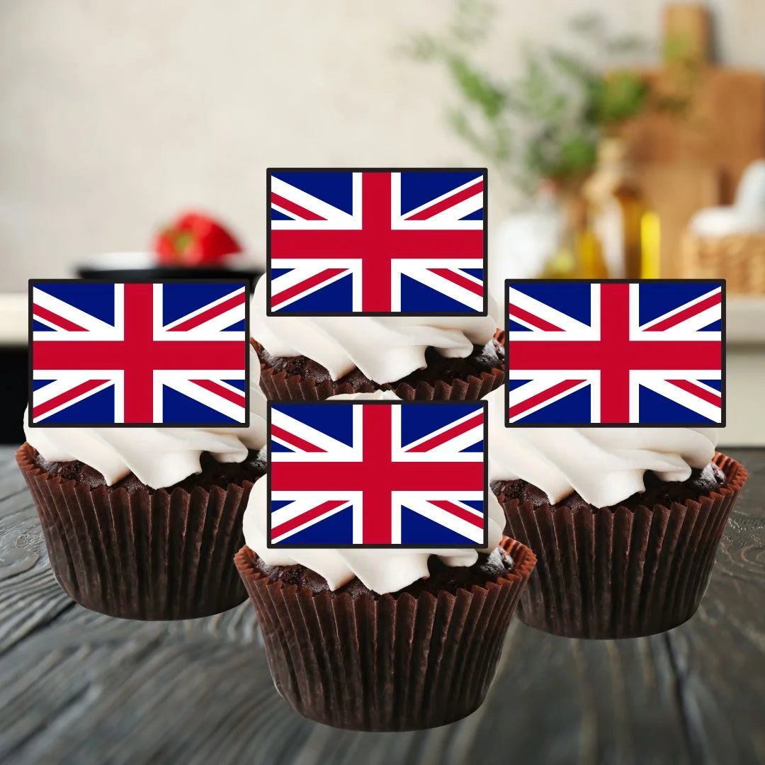 British Flag Edible Cupcake Toppers on chocolate cupcakes with white frosting