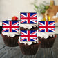 British Flag Edible Cupcake Toppers on chocolate cupcakes with white frosting