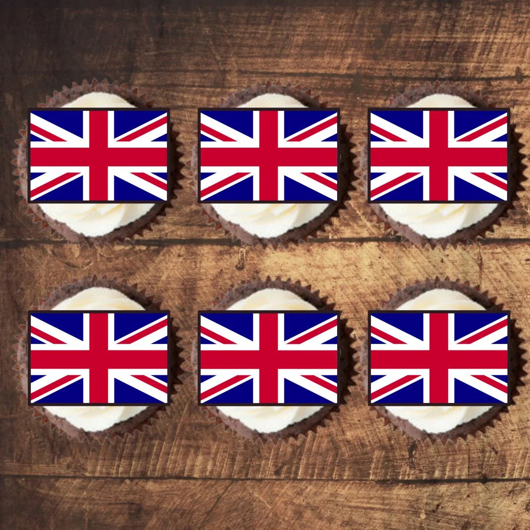 top view of British Flag Edible Cupcake Toppers on chocolate cupcakes with white frosting