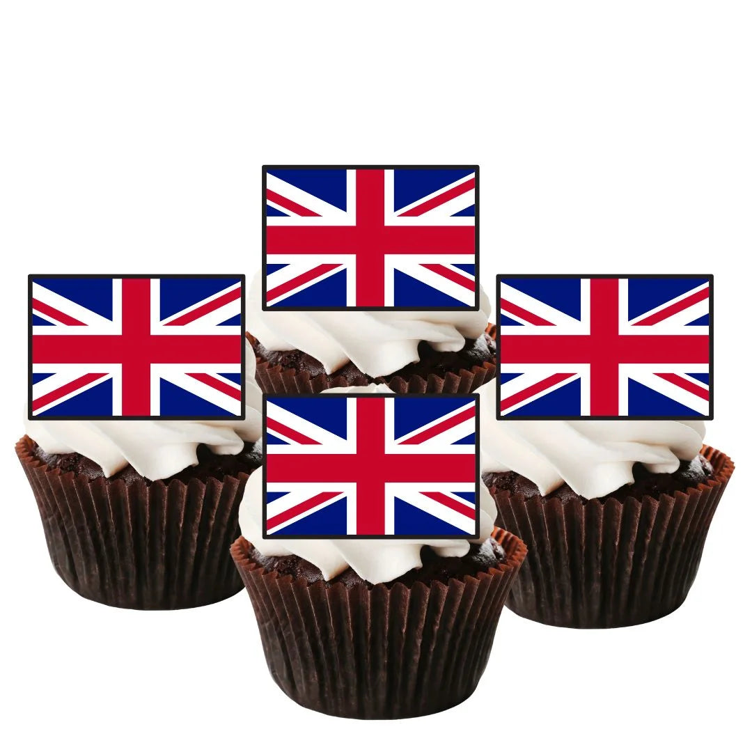 British Flag Edible Cupcake Toppers on chocolate cupcakes with white frosting