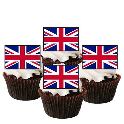 British Flag Edible Cupcake Toppers on chocolate cupcakes with white frosting