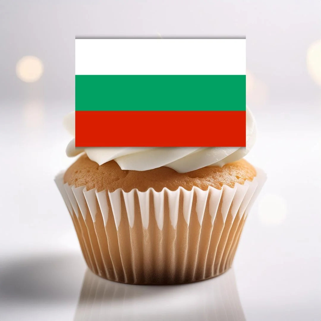 close up of Bulgaria Flag Edible Cupcake Topper on a white frosted cupcake