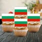 Bulgaria Flag Edible Cupcake Toppers on white frosted cupcakes