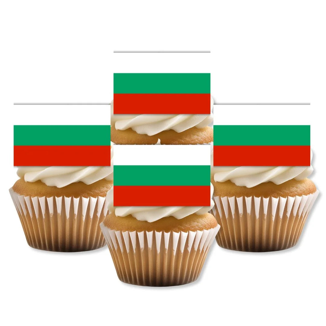 Bulgaria Flag Edible Cupcake Toppers on white frosted cupcakes 