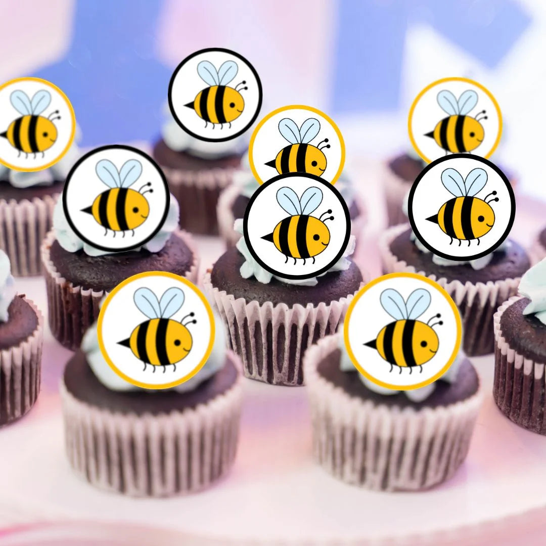 Bumble Bee Edible Cupcake Toppers on cupcakes with white frosting 