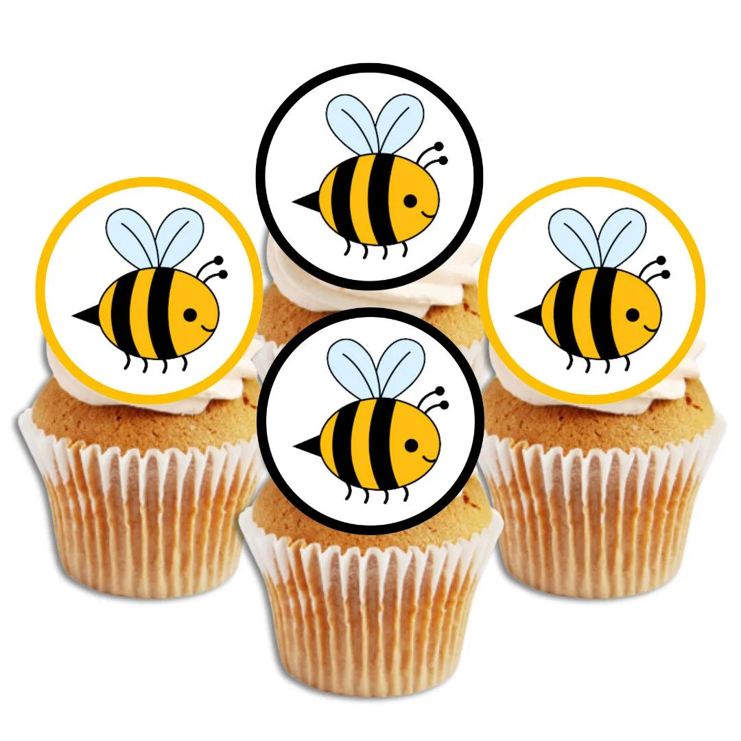 Bumble Bee Edible Cupcake Toppers on cupcakes with white frosting 