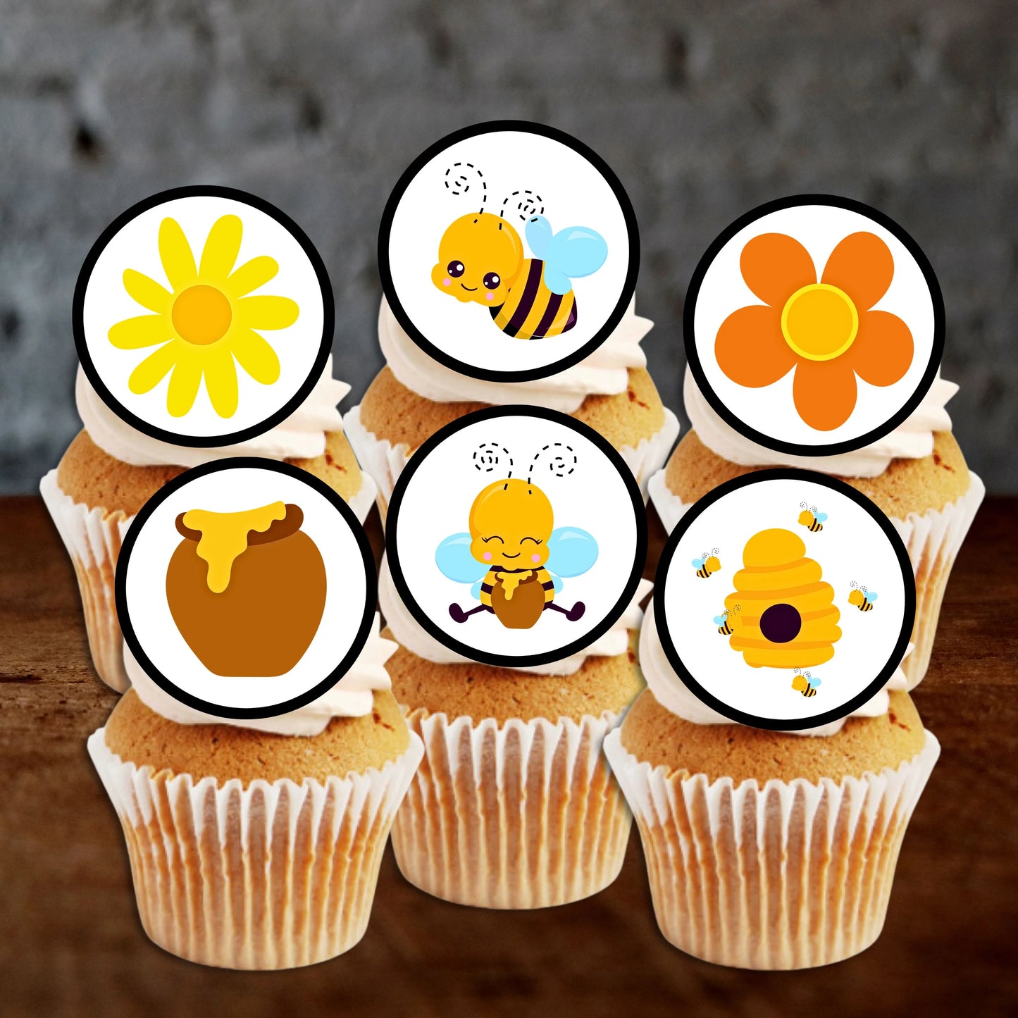 Bumble Bee Mix Edible Cupcake Toppers on white frosted cupcakes 