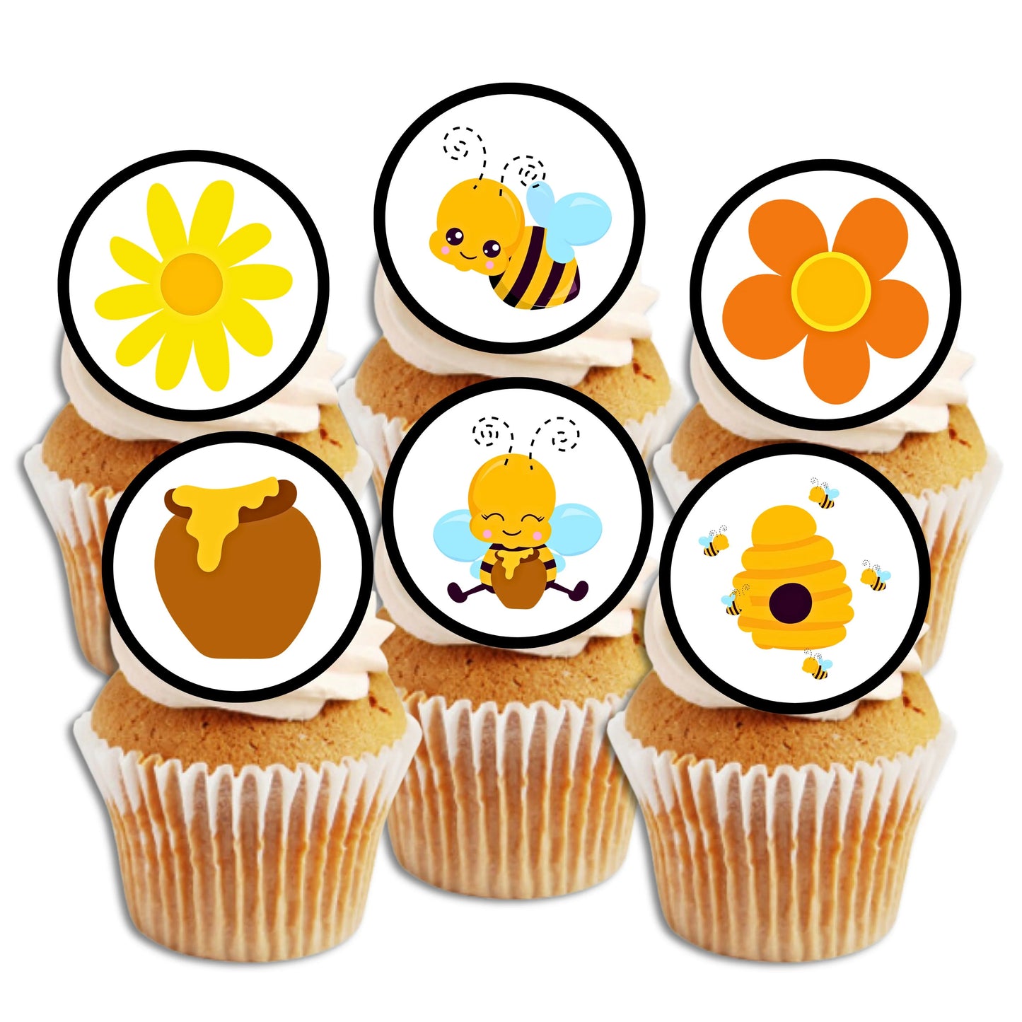 Bumble Bee Mix Edible Cupcake Toppers on white frosted cupcakes 