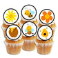 Bumble Bee Mix Edible Cupcake Toppers on white frosted cupcakes 