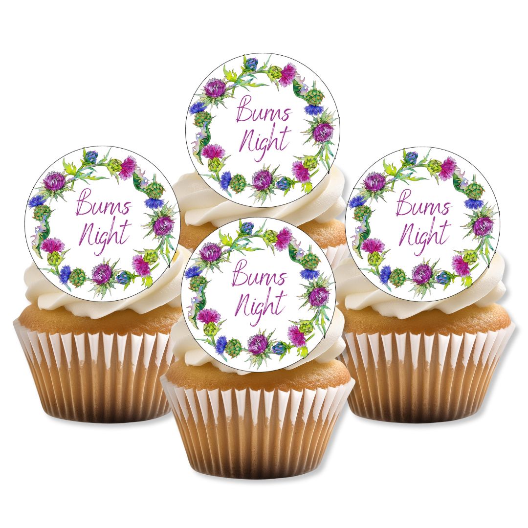 Cupcakes with 'Burns Night' toppers featuring floral designs on a white background