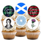 Cupcakes with 'Burns Night' themed toppers featuring Scottish flag, tartan patterns, Robert Burns portrait, Celtic knot, and thistle.