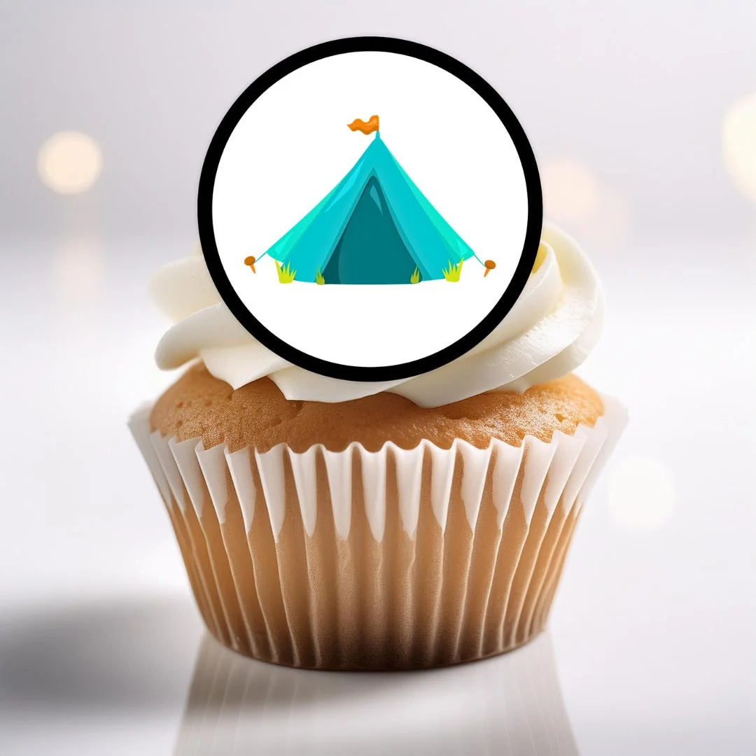 Camping Theme Edible Cupcake Topper on a cupcake with white frosting 