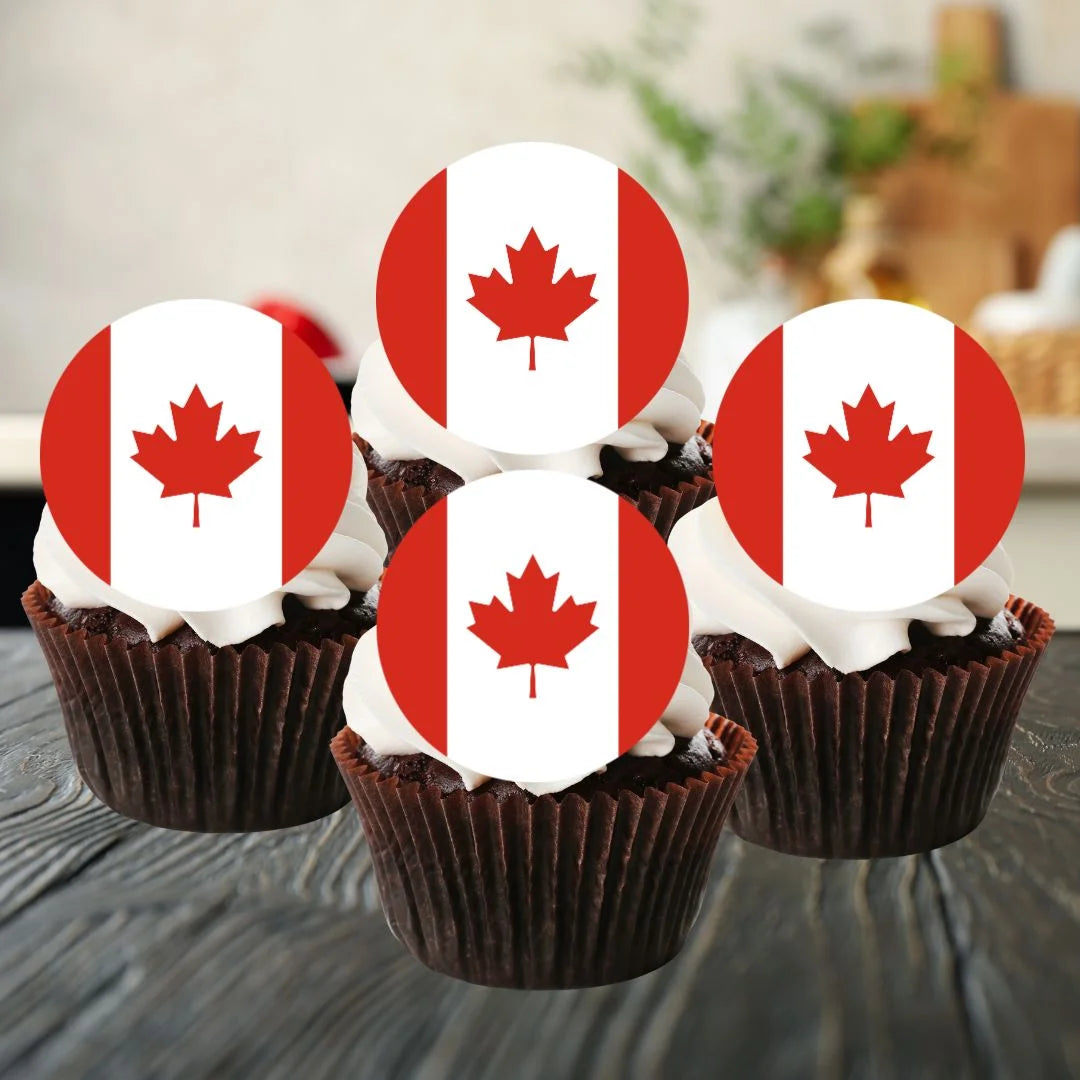 Canadian Flag Round Edible Cupcake Toppers  on chocolate cupcakes with white frosting 