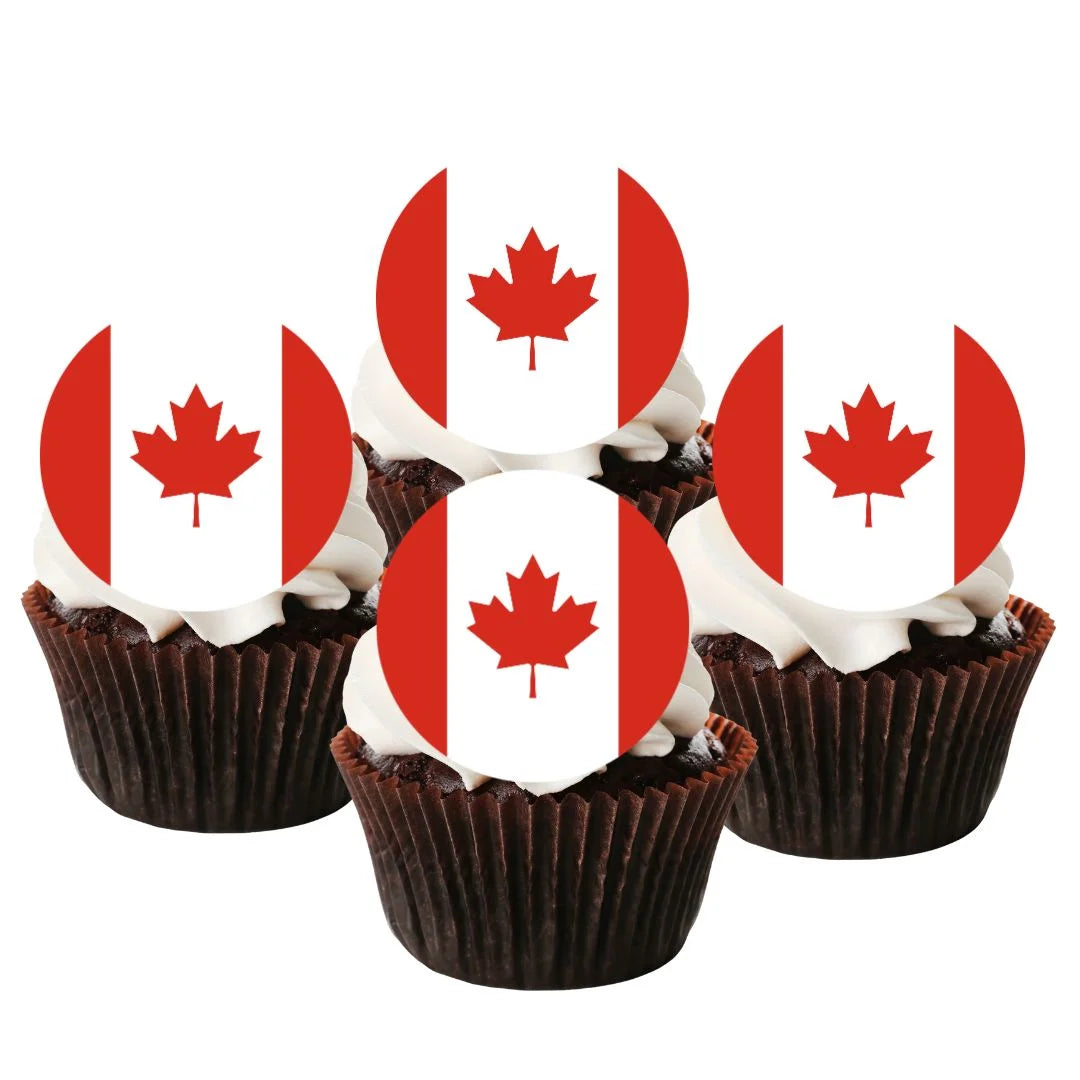 Canadian Flag Round Edible Cupcake Toppers  on chocolate cupcakes with white frosting 