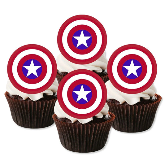 Captain America Themed Edible Cupcake Toppers on chocolate cupcakes with white frosting