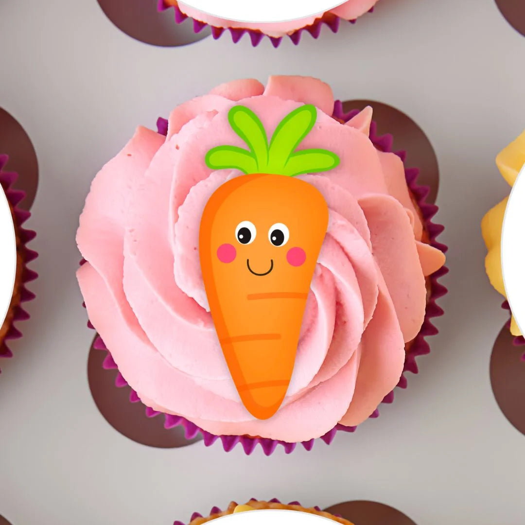 Carrots Edible Cupcake Toppers on a pink frosted cupcake
