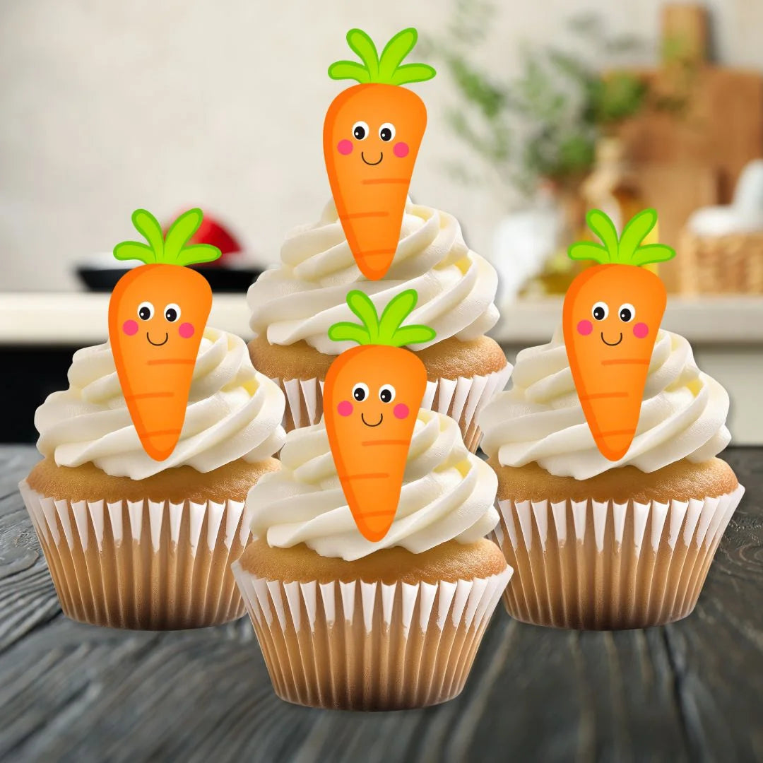 Carrots Edible Cupcake Toppers on white frosted cupcakes 