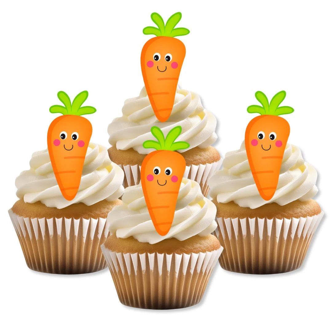 Carrots Edible Cupcake Toppers on white frosted cupcakes 