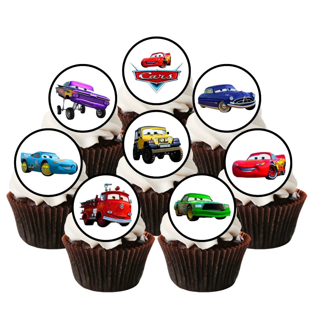 Cars theme Edible Cupcake Toppers on chocolate cupcakes with white frosting 