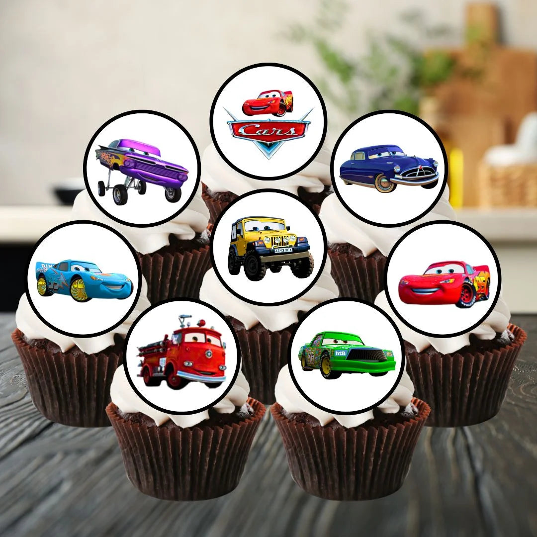 Cars theme Edible Cupcake Toppers on chocolate cupcakes with white frosting 