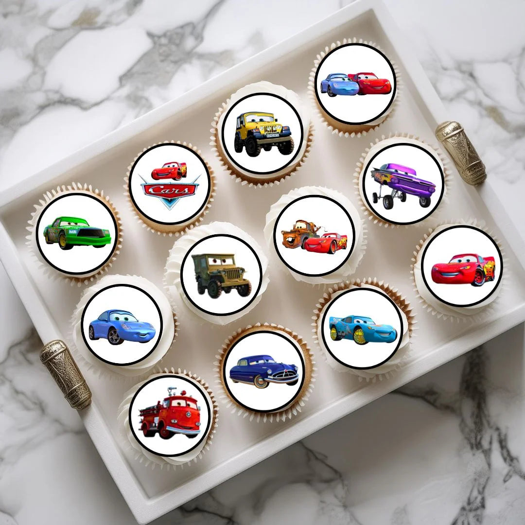 Cars theme Edible Cupcake Toppers on chocolate cupcakes with white frosting 