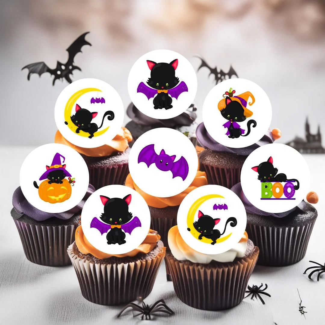 Halloween Cats Theme Edible Cupcake Toppers on white frosted cupcakes 