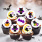 Halloween Cats Theme Edible Cupcake Toppers on white frosted cupcakes 