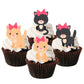 four cupcakes with white frosting and edible cat shaped cupcake toppers